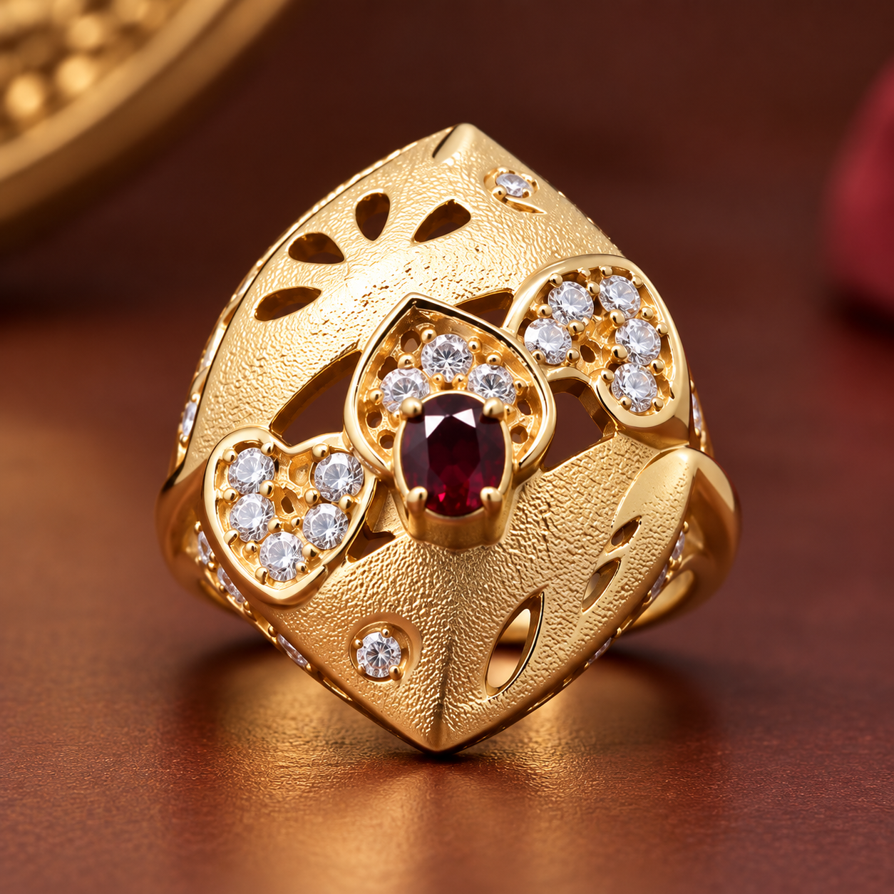 Gold Garnet Floral Statement Ring